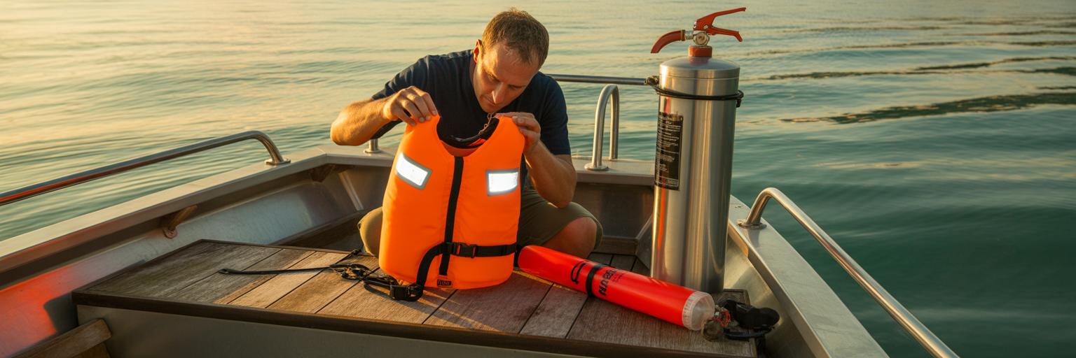 Angler inspecting PFD and flare on boat