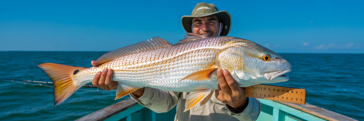 Angler measuring redfish on boat.