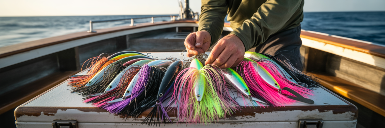 Angler organizing offshore trolling lures.