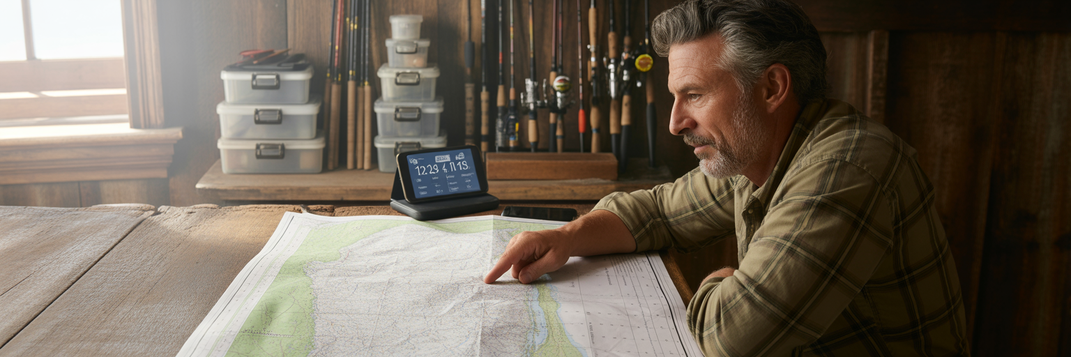 Angler planning fishing trip with map