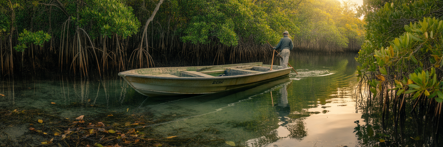Angler poling flats boat near mangroves