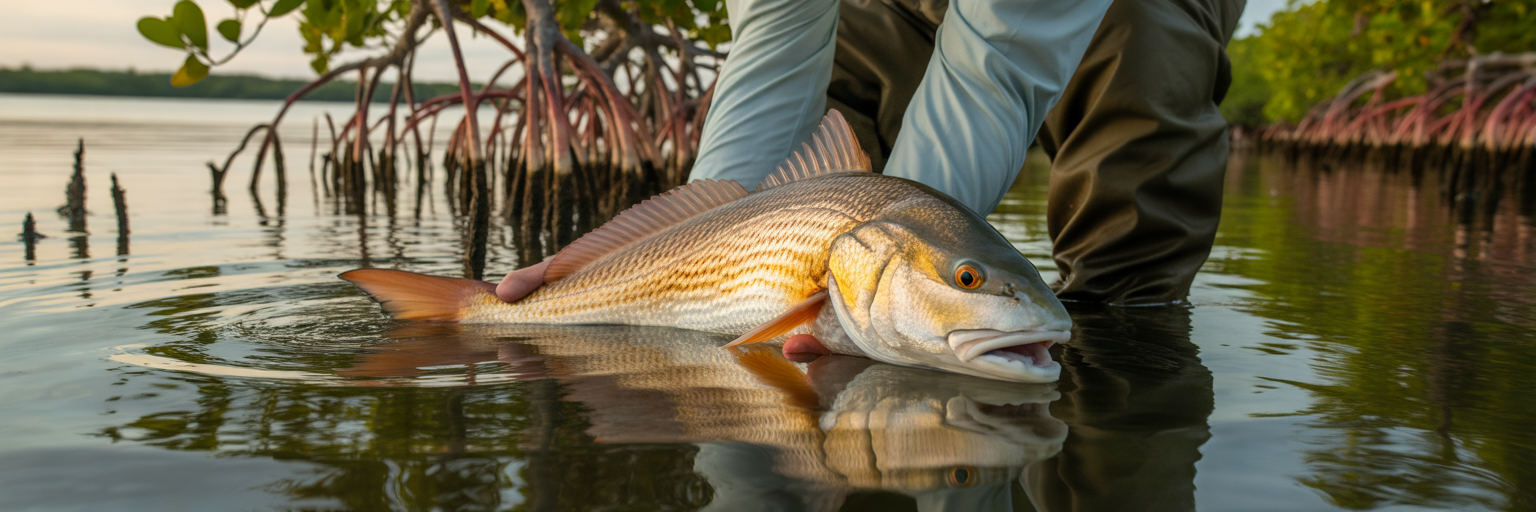 Angler releasing redfish near Florida oyster bar