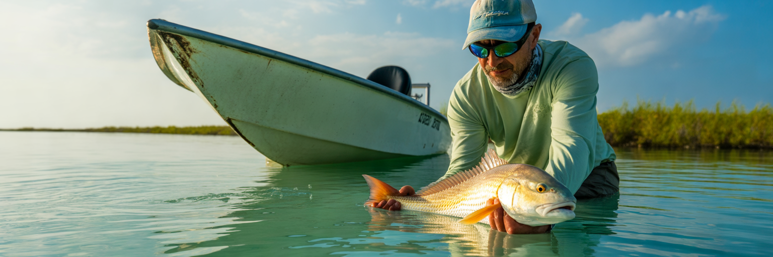 Angler releasing redfish on Florida flat