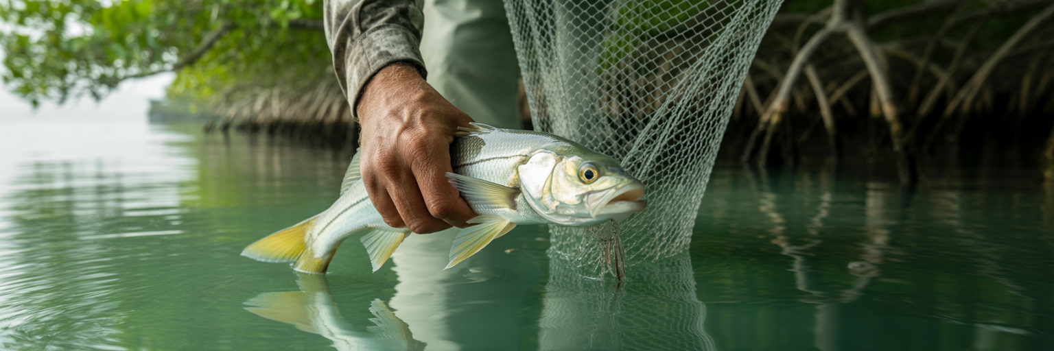 Angler releasing snook from cast net