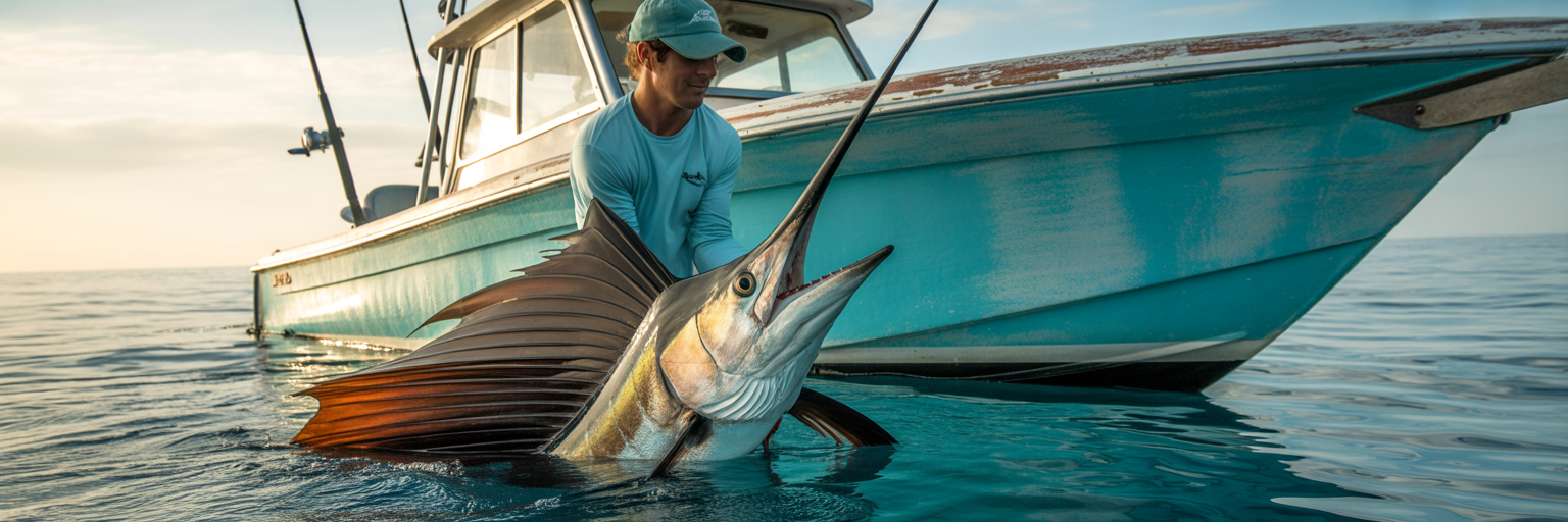 Angler reviving a sailfish in the water.