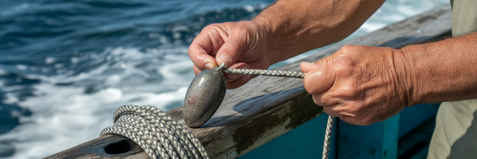 Angler rigging a heavy sinker for tide fishing.