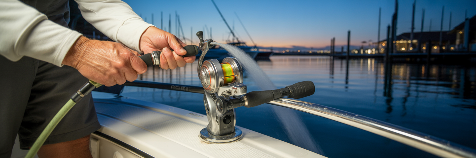 Angler rinsing offshore reel with freshwater