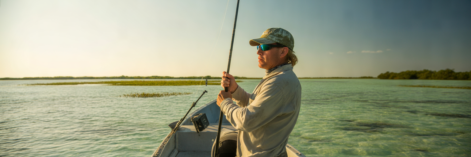 Angler scanning shallow flats from poling platform