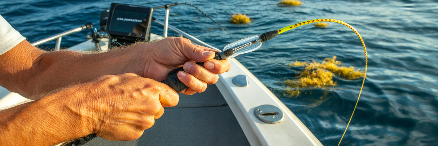 Angler tying fluorocarbon leader to braid