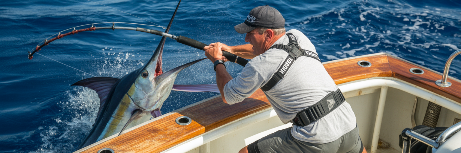 Angler using fighting harness for marlin