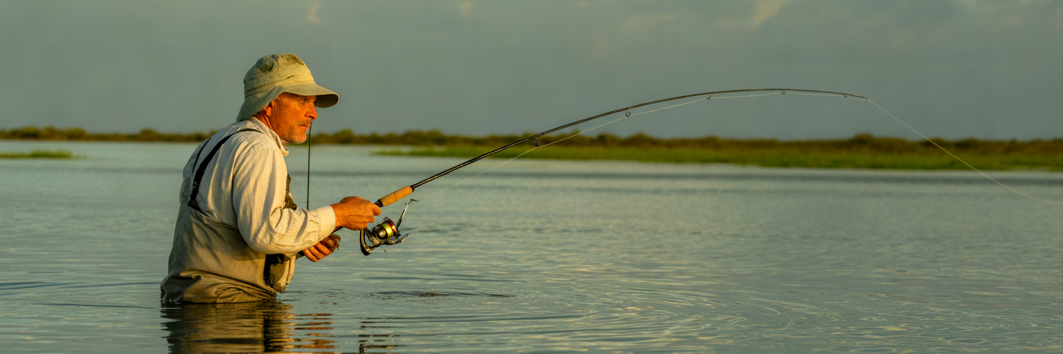 Angler wading on a salt flat.
