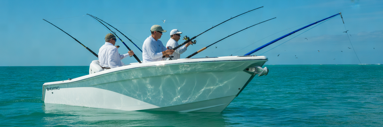Anglers fishing from offshore center console
