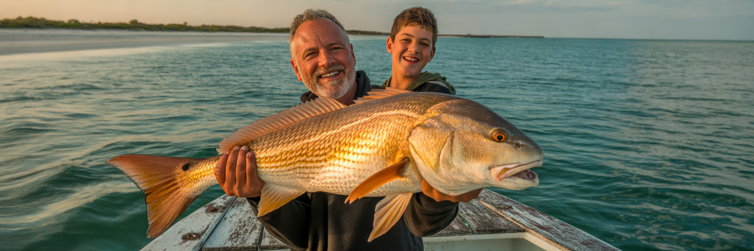Anglers holding a bull redfish in Destin