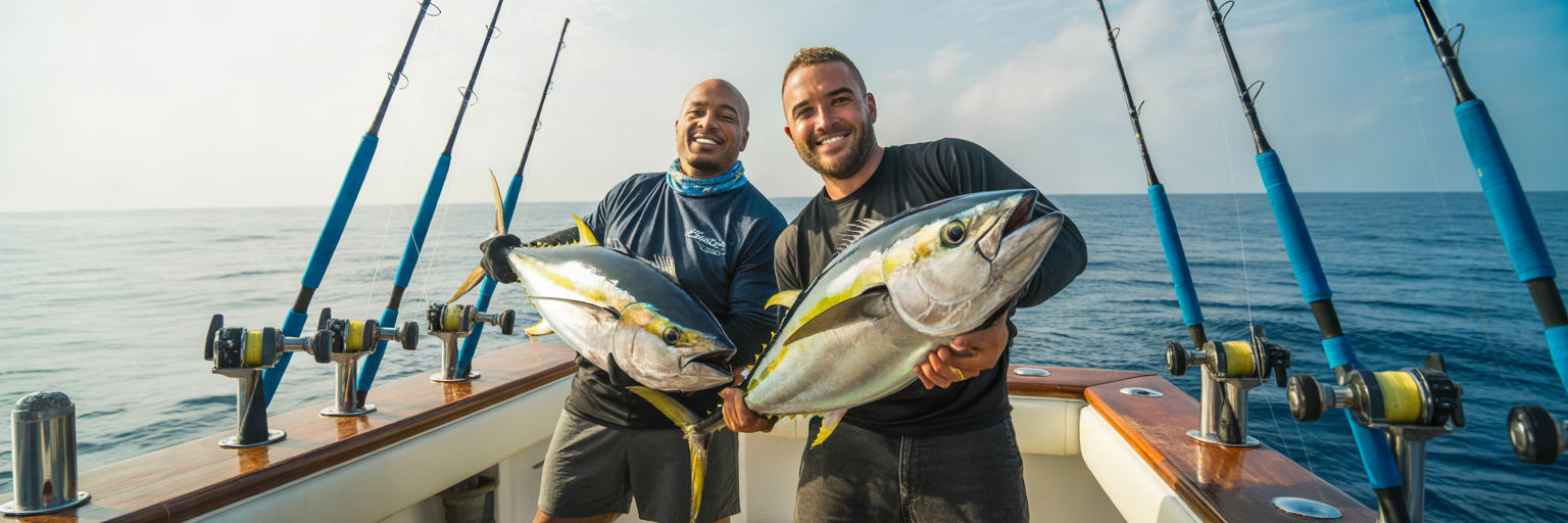 Anglers holding yellowfin tuna offshore