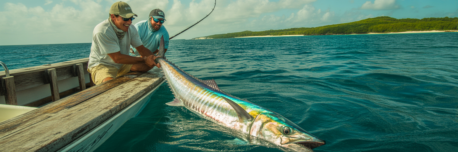 Anglers landing a large wahoo offshore.