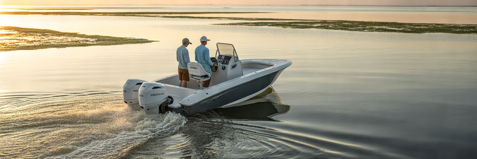 Anglers launching bay boat at low tide