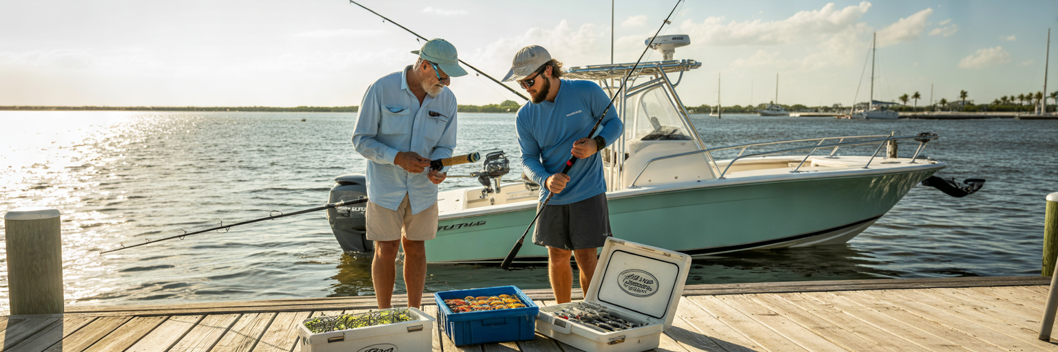 Anglers prepping saltwater rods at dock