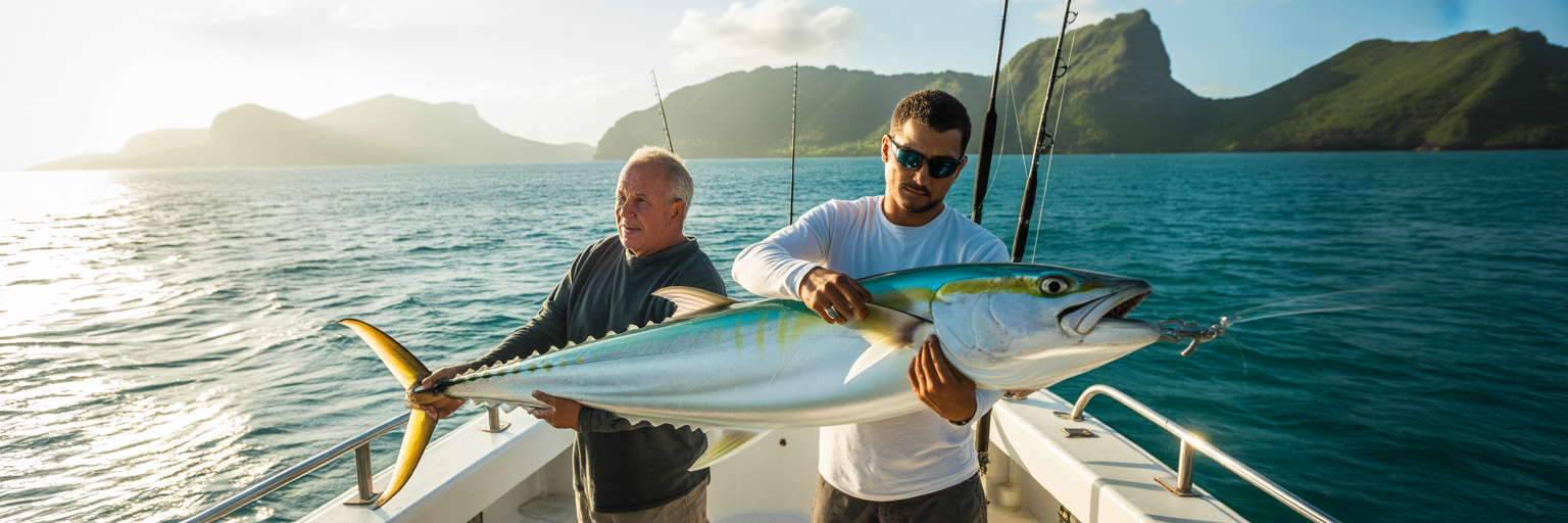 Anglers rigging trolling lure off Mauritius.