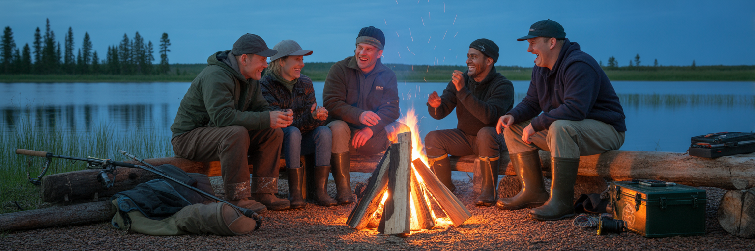 Anglers sharing stories around campfire.