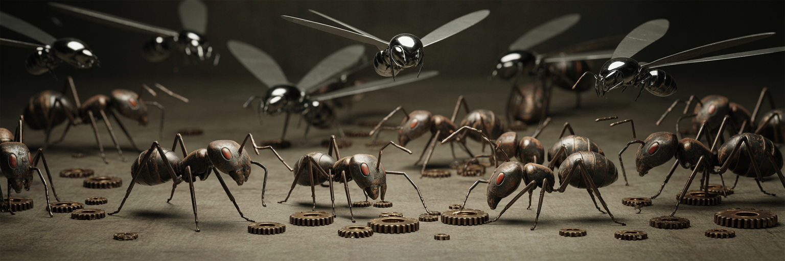 Ant colony foraging disrupted by flies.