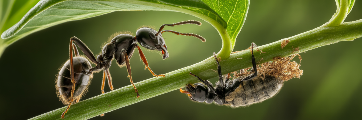 Ant failing to attack a shielded junk bug.