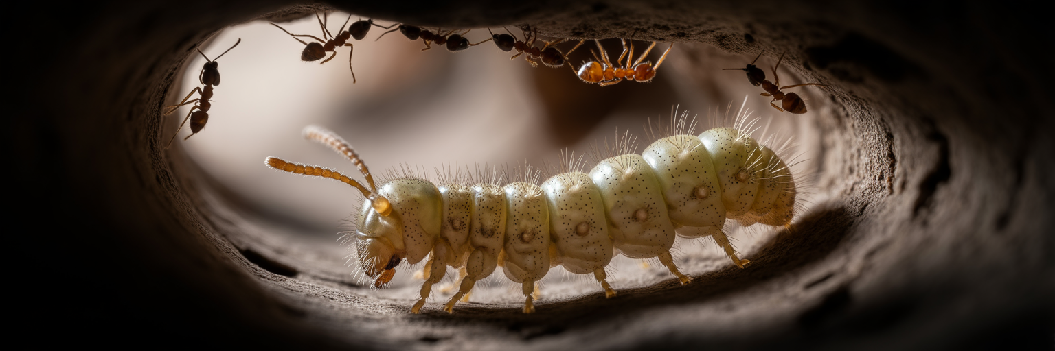 Ant inspecting Phengaris caterpillar with antennae.