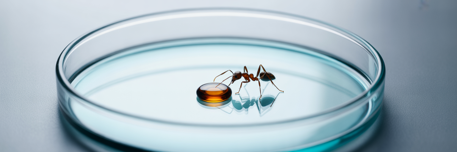 Ant walking towards liquid in petri dish.