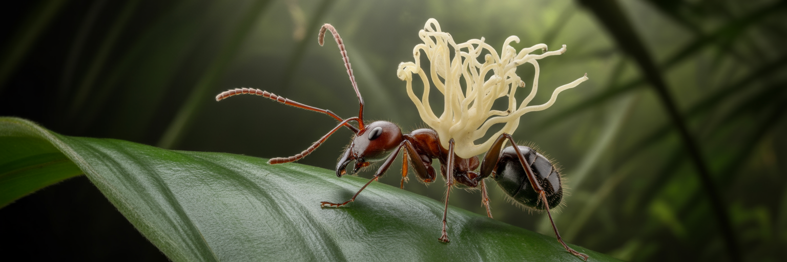 Ant with parasitic cordyceps fungus