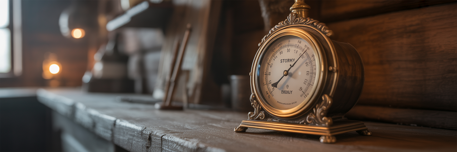 Antique barometer pointing to stormy weather.