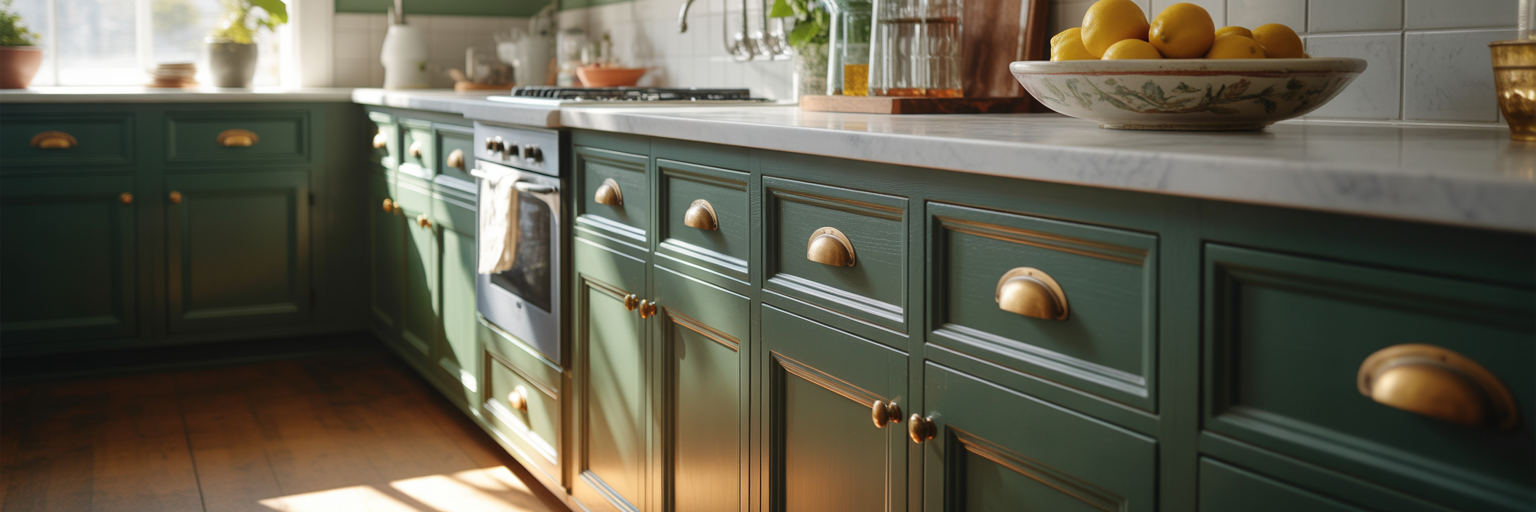 Antique brass cup pulls on dark green kitchen cabinets