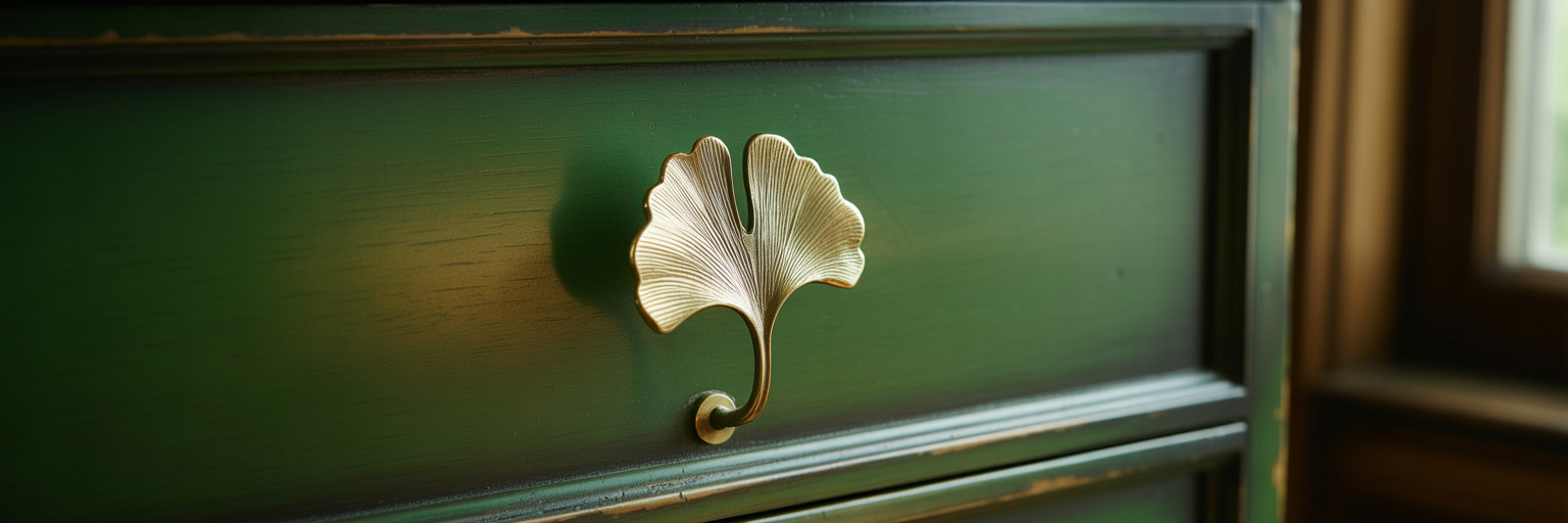 Antique brass ginkgo leaf drawer pull