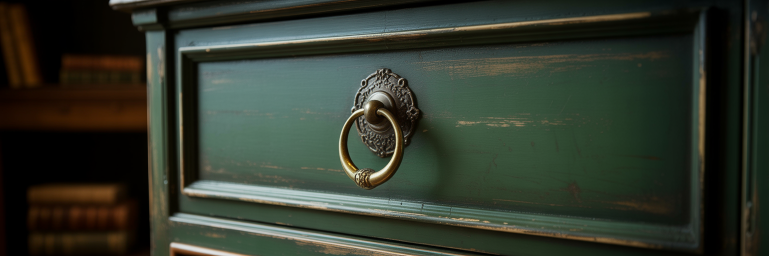 Antique brass ring pull on green dresser.