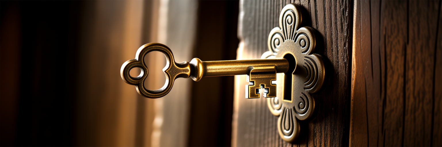 Antique key entering ornate door lock