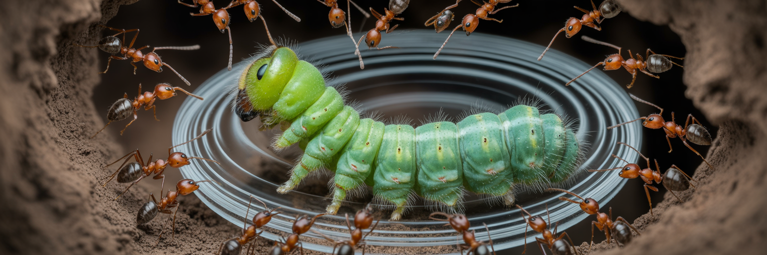 Ants attending to caterpillar emitting sounds.