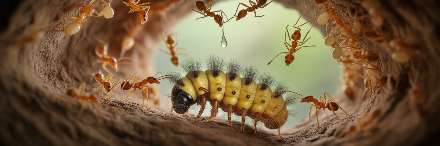 Ants feeding parasitic caterpillar over own larvae.