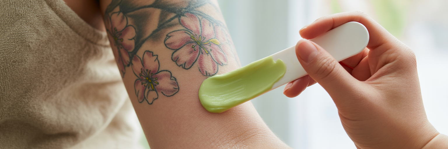 Applying aftercare balm to rib tattoo