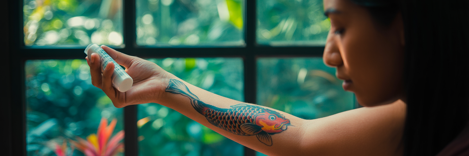 Applying aftercare cream to a new tattoo.
