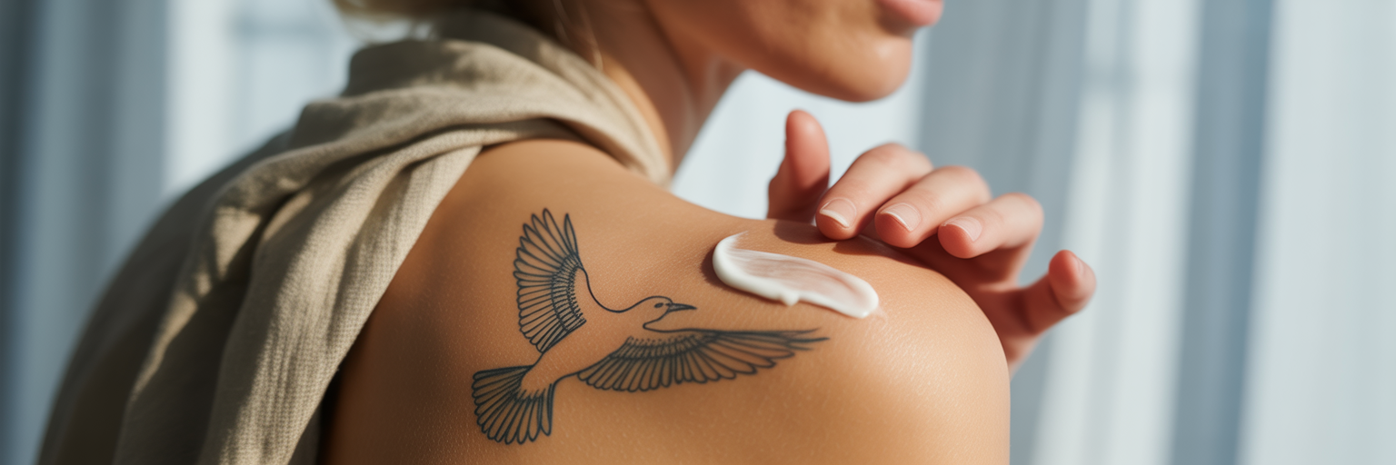 Applying aftercare lotion to a healed shoulder tattoo.