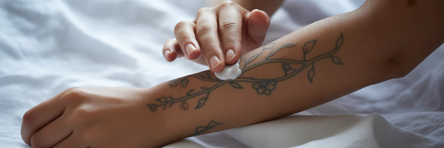 Applying aftercare lotion to new tattoo