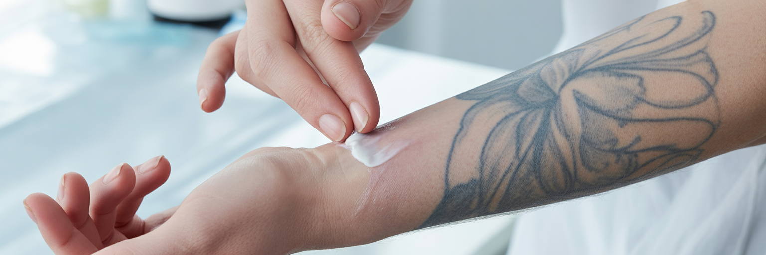 Applying aftercare ointment to a new tattoo.