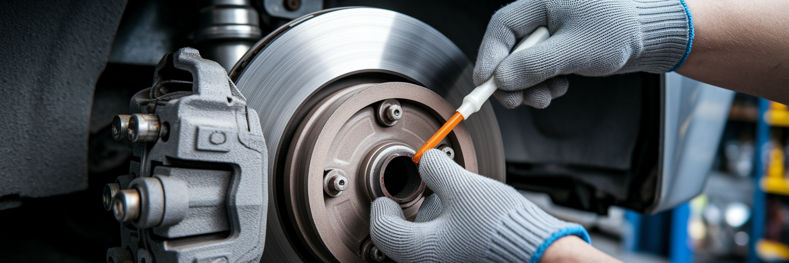 Applying brake grease to new brake pad.