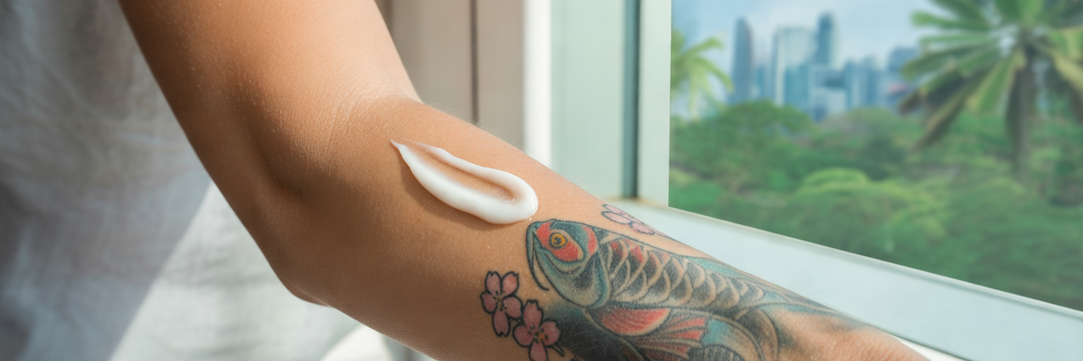 Applying lightweight lotion to a vibrant tattoo.