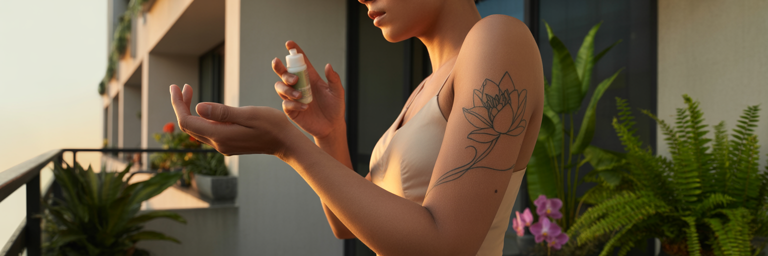 Applying lightweight lotion to tattoo on forearm.