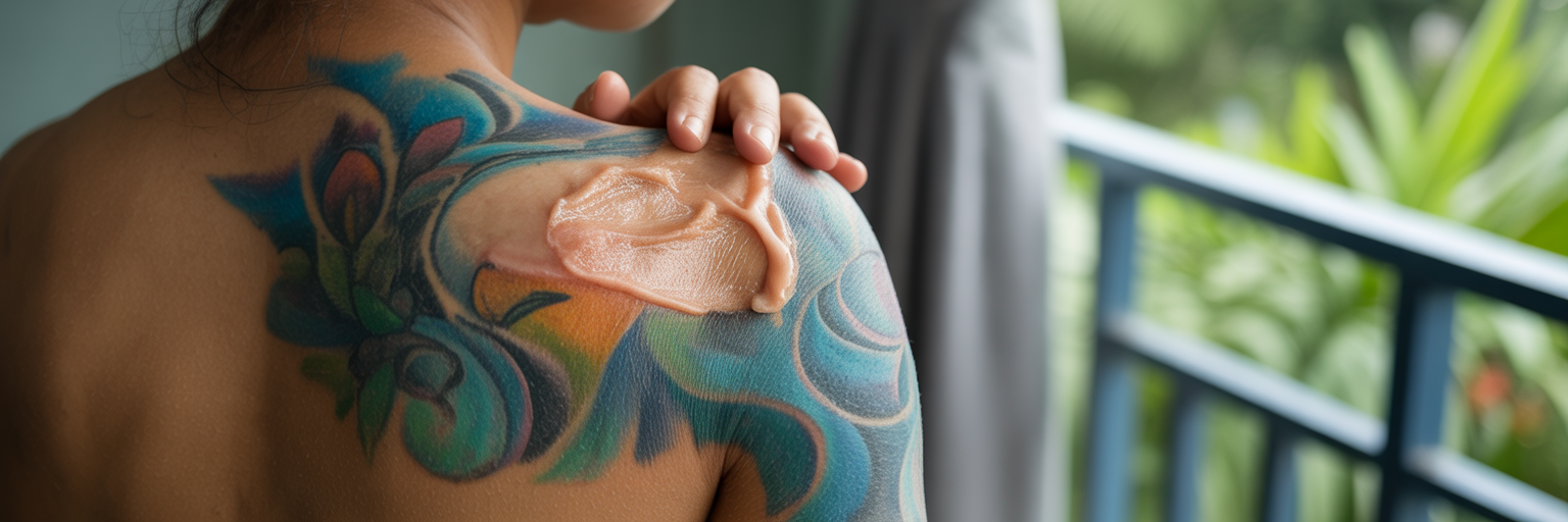 Applying lotion to healed scar tattoo.