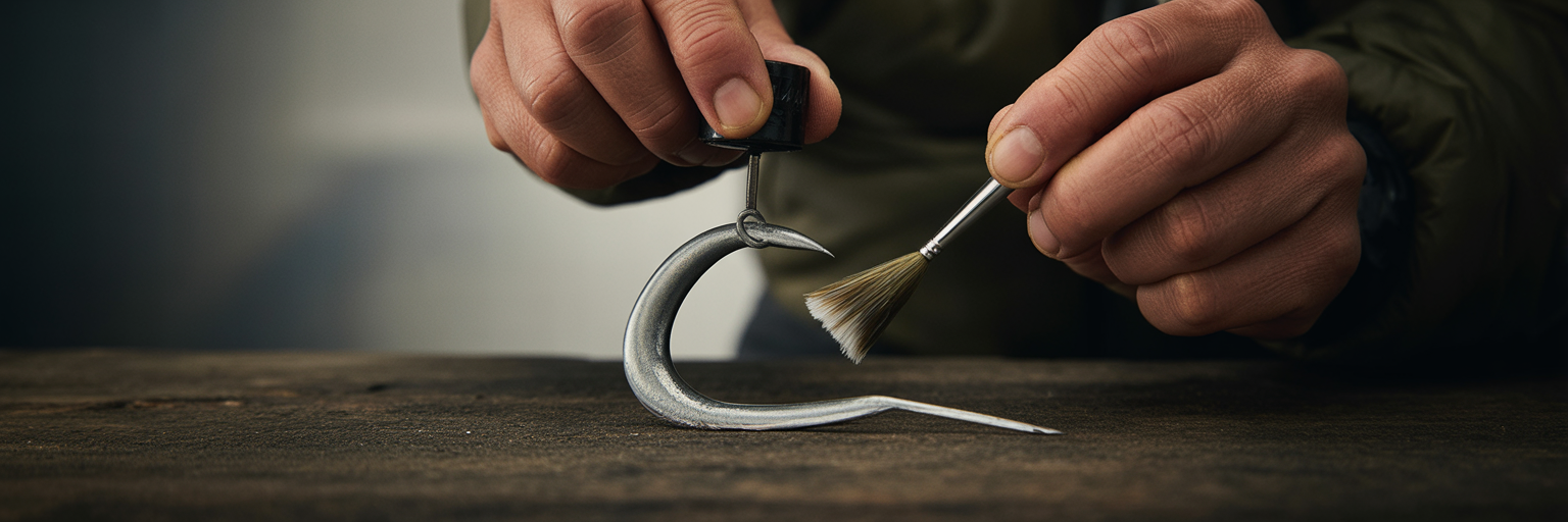 Applying protective grease to a trolling lure hook.