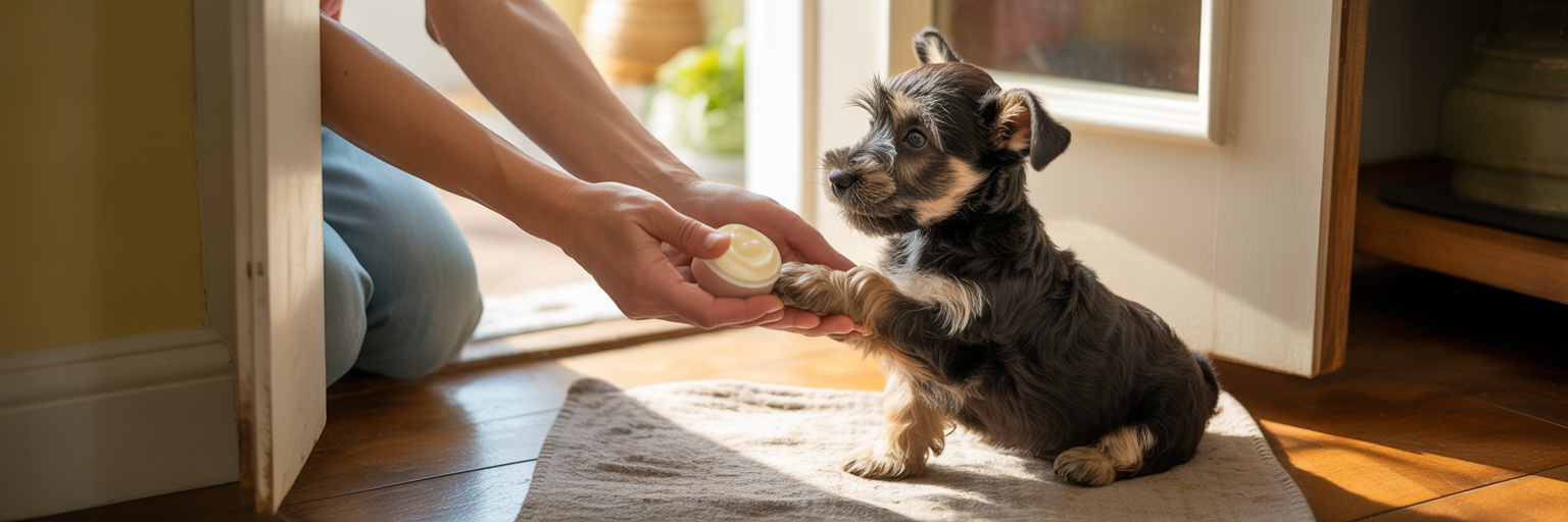 Applying protective paw balm to a puppy's pads.