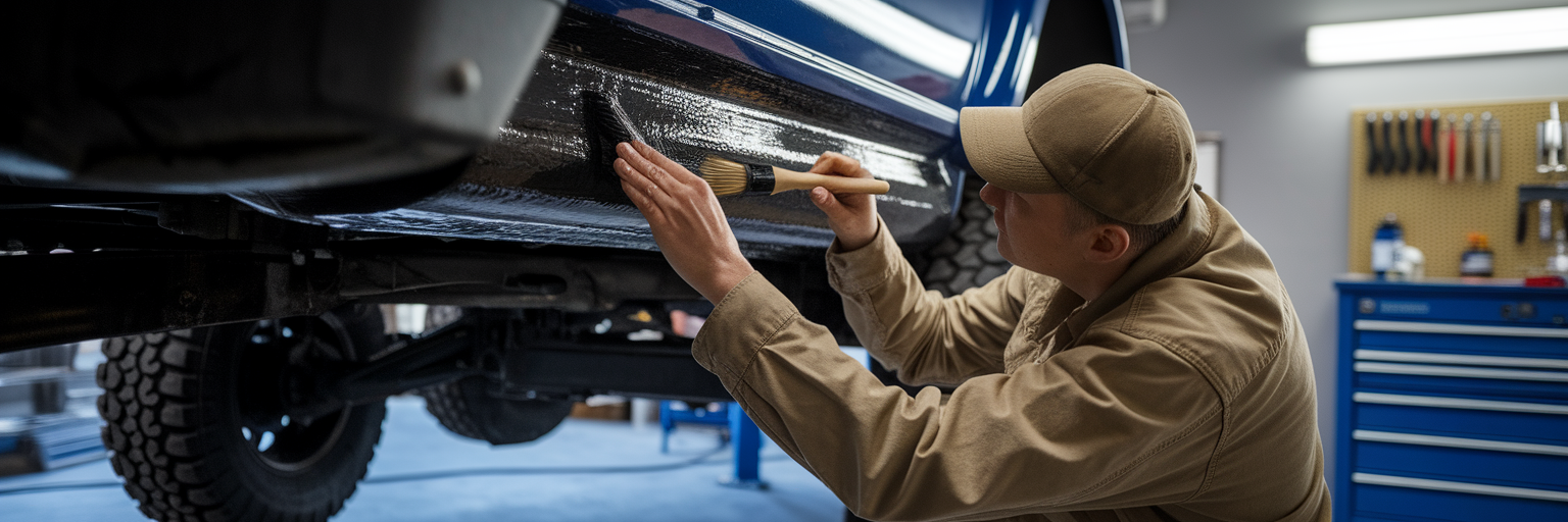 Applying rust-resistant coating to truck undercarriage.