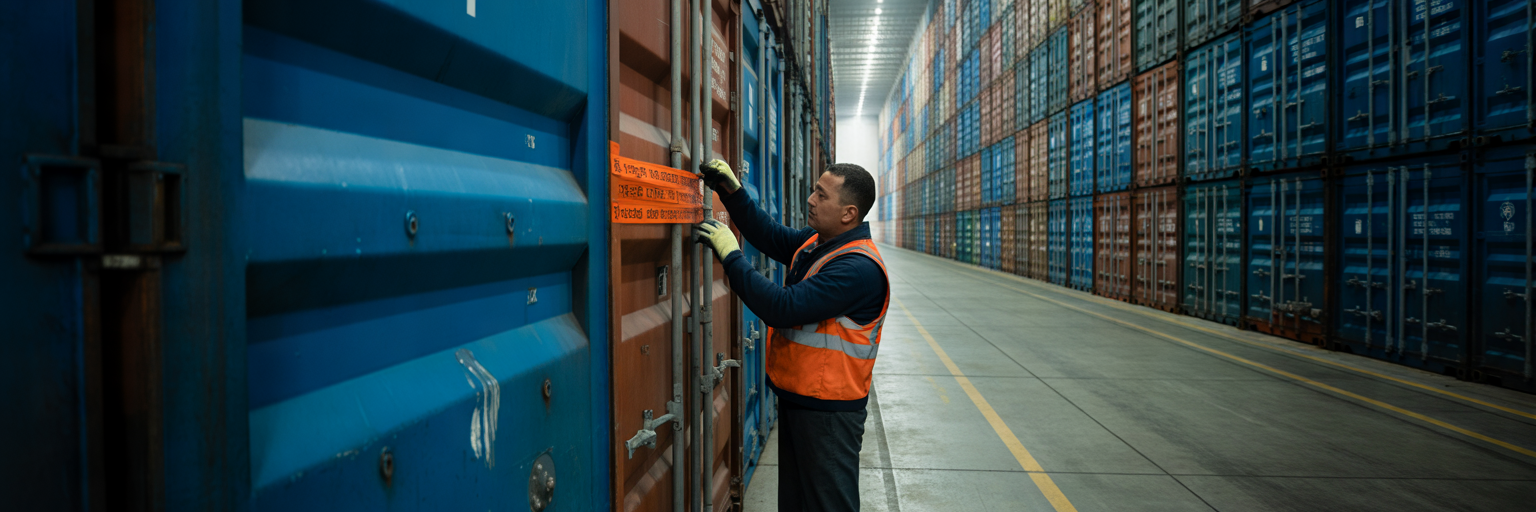 Applying security seal to shipping container.