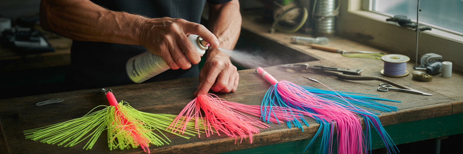 Applying silicone spray to trolling lure skirts.