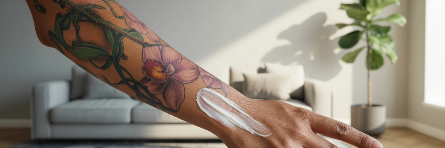 Applying sunscreen to a healed tattoo.